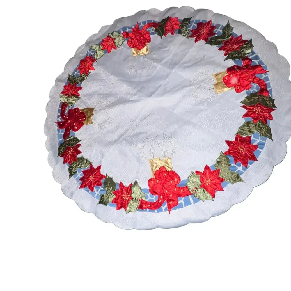 Poinsettia Holly Glitter Candle 33 inch Round Holiday Christmas Table‎ Cloth